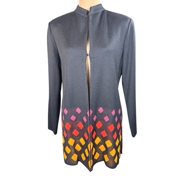 Misook High‎ Neck Longline Cardigan Jacket Black Multicolor Large Structured - Picture 1 of 5